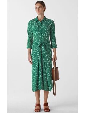 NWOT Whistles Selma Green Polka-Dot Tie-Front Midi Shirt Dress, US 4